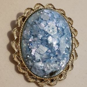 Vintage Gold Tone Turquoise Confetti Brooch Large Oval Pin